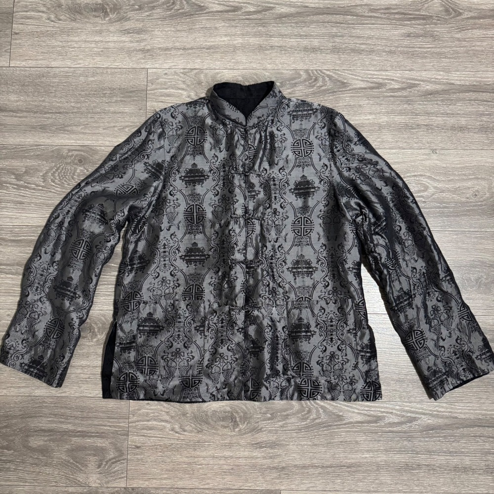 Mens Reversible Tang Suit Jacket Silver Black Jacquard Frog Button 3XL Hong Kong
